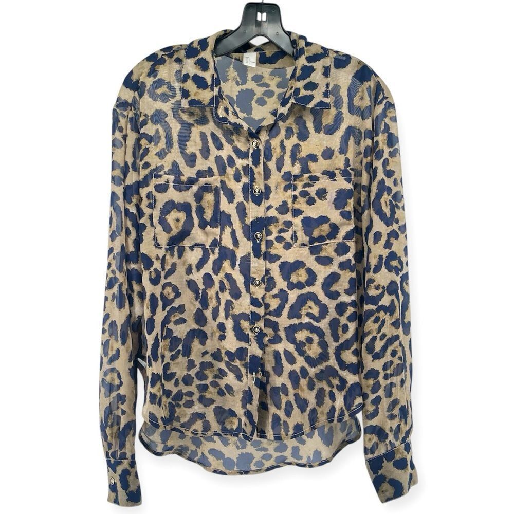 Leopard Print Sheer Button Front Blouse Tan Gold … - image 2